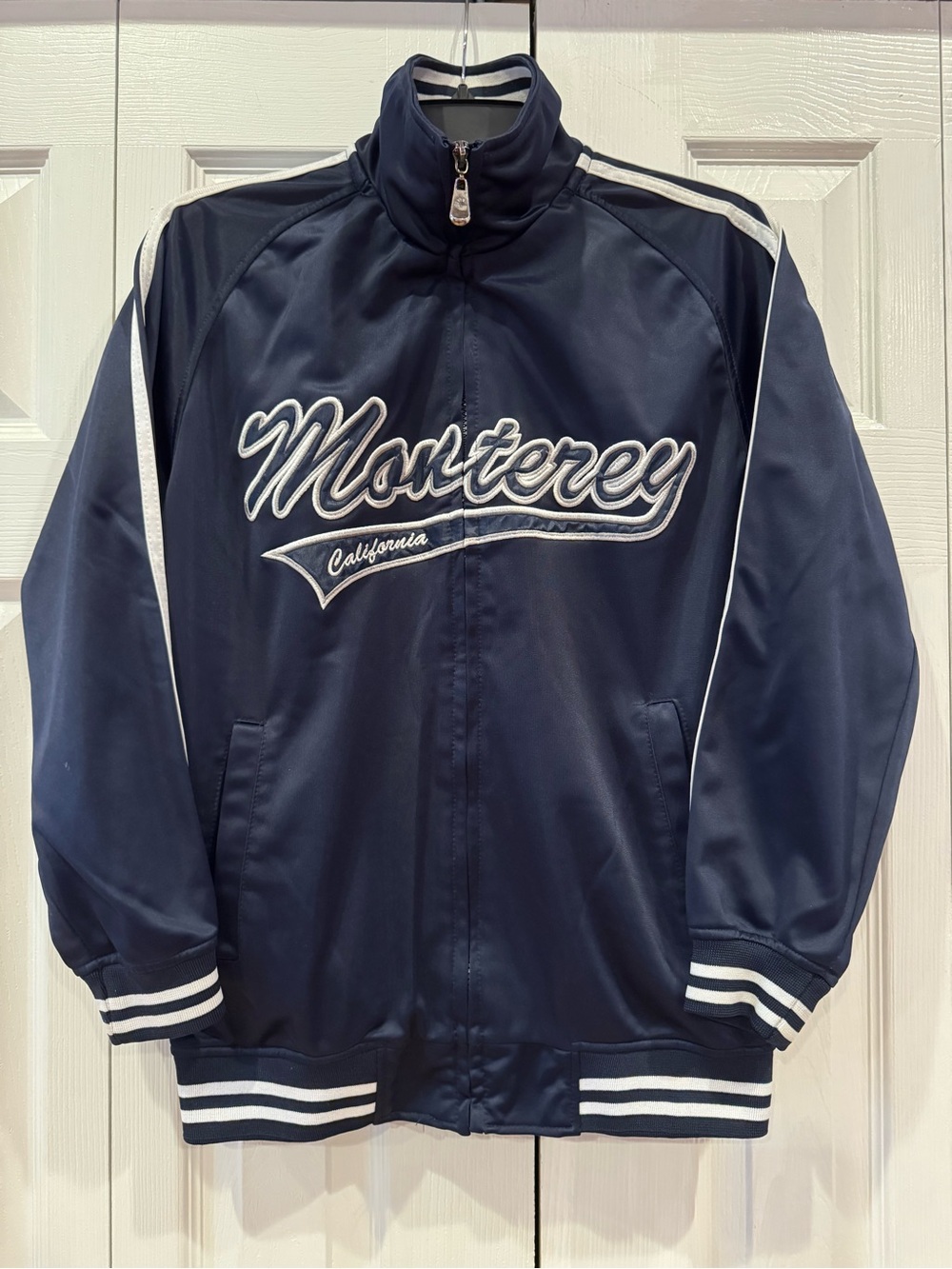 Vintage 90s Navy and White Monterey, California Varsity Track Bomber Jacket